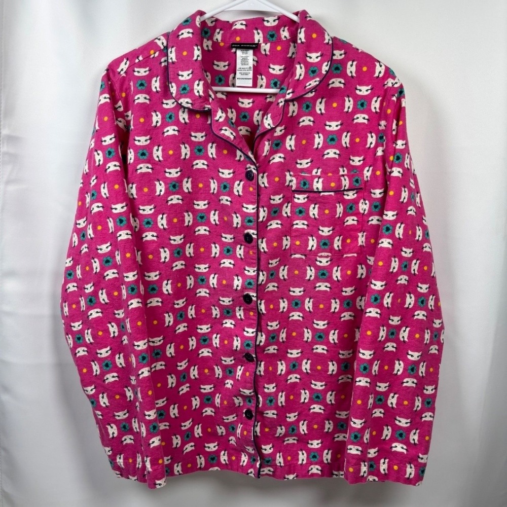 Joe Boxer Women's M Flannel Pajama Set Pink Cat Print Button Up Top & Pants - Picture 8 of 11